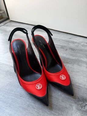 Louis Vuitton Red and Black Pointed Toe Slingback Pumps with LV Medallion